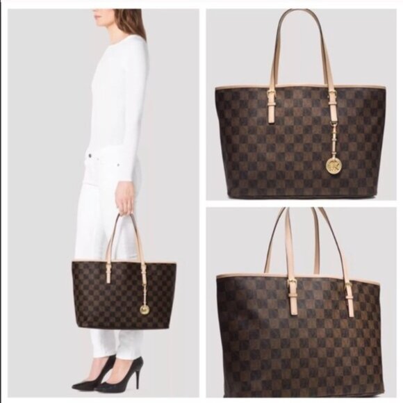 New Large Michael Kors Jet Set Brown & Black Checkered Tote Organizer - Picture 3 of 4